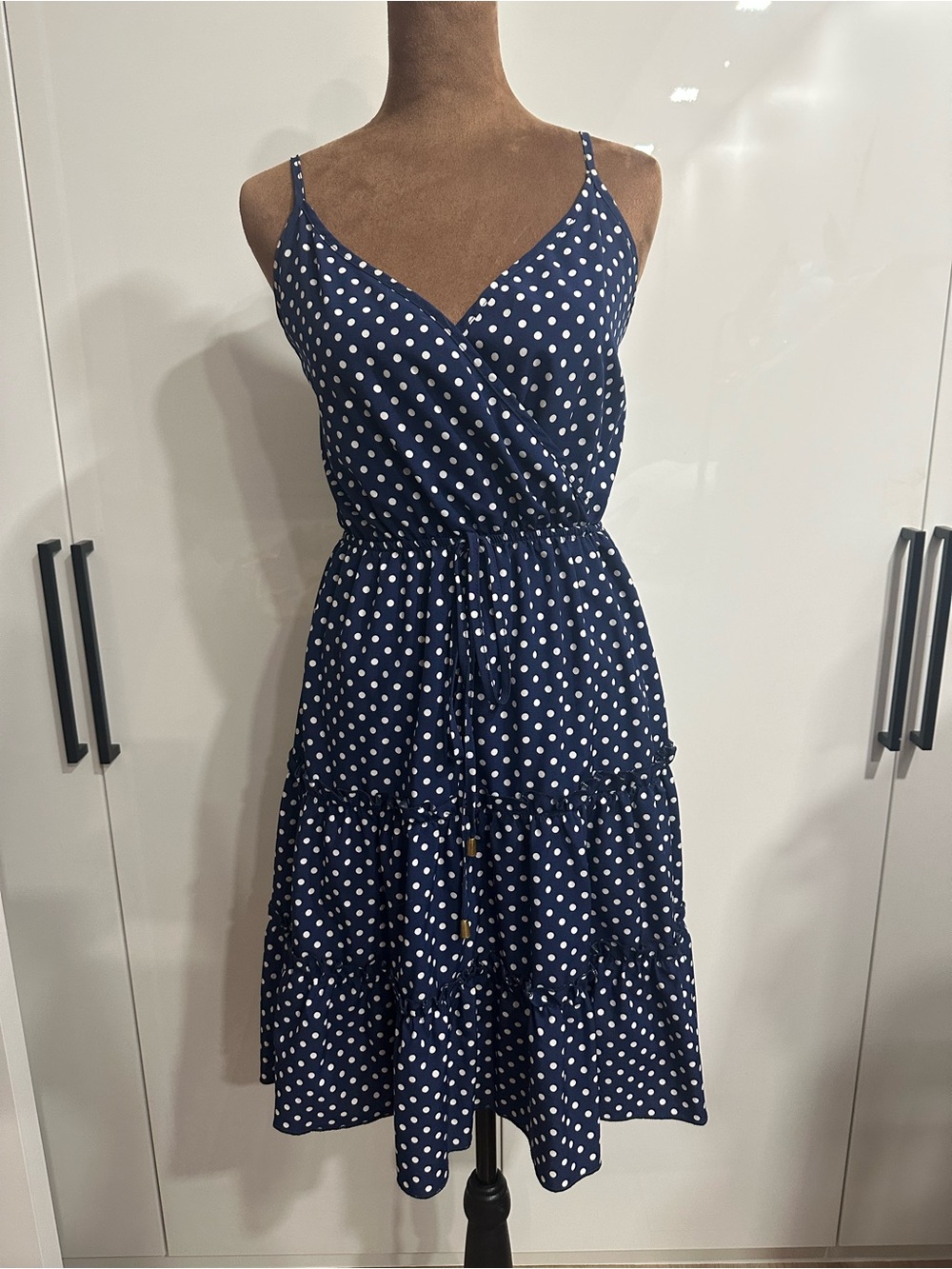 SHEIN Navy and White Polka Dot Tiered Midi Dress